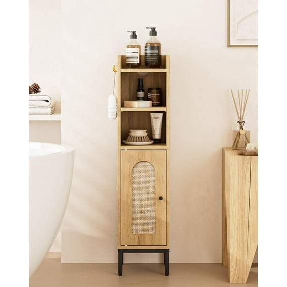 Bathroom Storage Cabinet, Small Corner Floor Hutch with 2Hooks,Narrow Toilet Paper Cabinet with Rattan Door,Bathroom Organizer with Adjustable Shelf, for Small Spaces,Oak