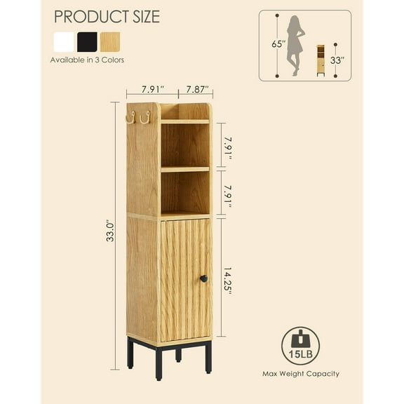 Bathroom Storage Cabinet, Small Corner Floor Hutch with Door and Shelves, Narrow Toilet Paper Cabinet, Bathroom Organizer with Adjustable Shelf, for Toile, Small Spaces