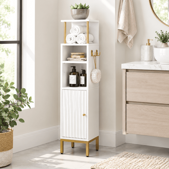 Bathroom Storage Cabinet Small Corner Floor with 2 Hooks Narrow Toilet ...