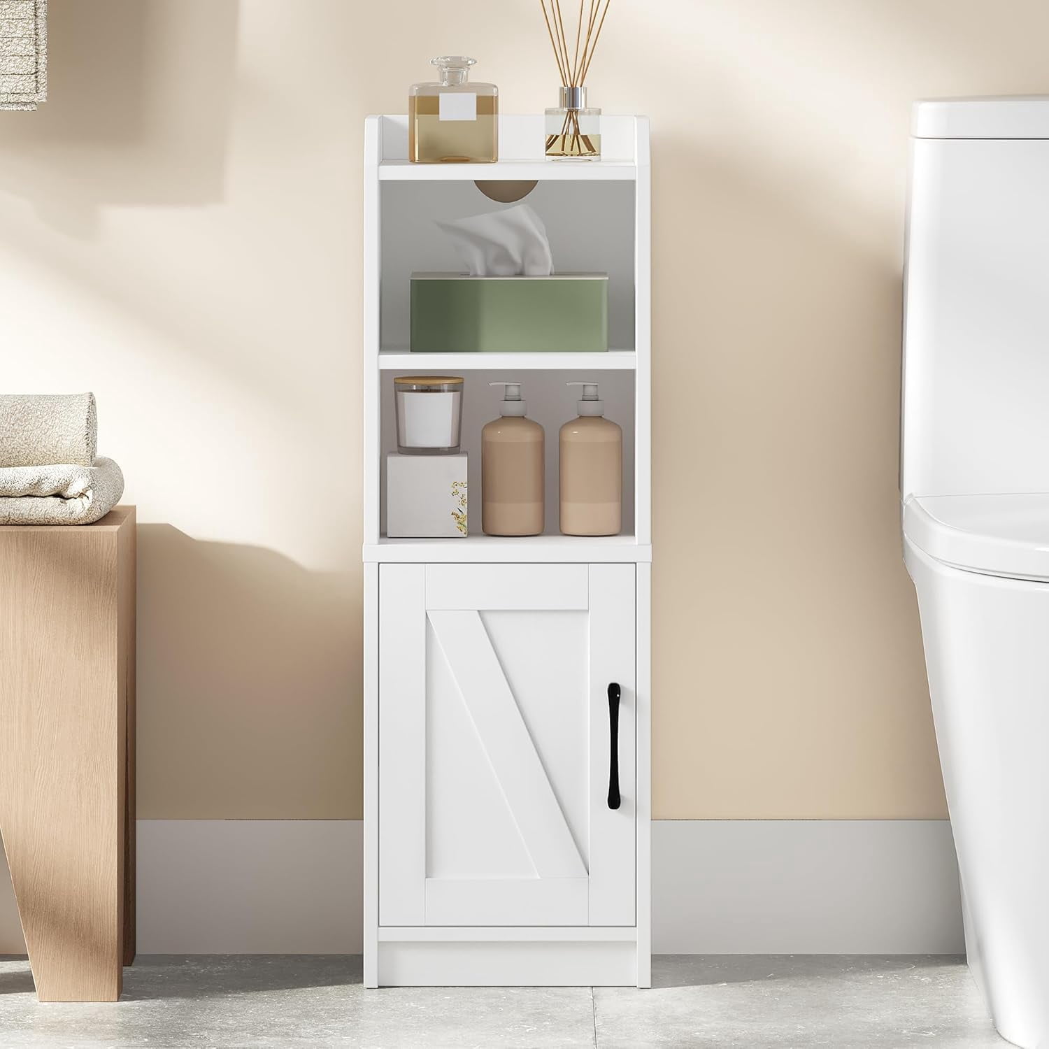 Narrow Bathroom Storage Cabinet – White & Gold, With Drawers & Hidden Compartment