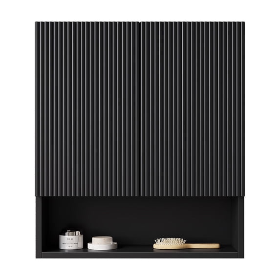 Bathroom Storage Cabinet TOBI 26" Wall-Mounted Striped Bathroom Cabinet, with Doors, Shelf and Open Storage Compartment Over The Toilet Storage Cabinet for Bathroom, Kitchen, Laundry Room, Black Colo