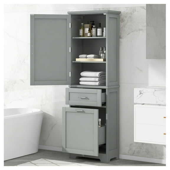 Bathroom Storage Cabinet, Tall Freestanding Cabinet with Drawers & Adjustable Shelf - Grey MDF Organizer for Bathroom, Living Room - 100lbs Capacity