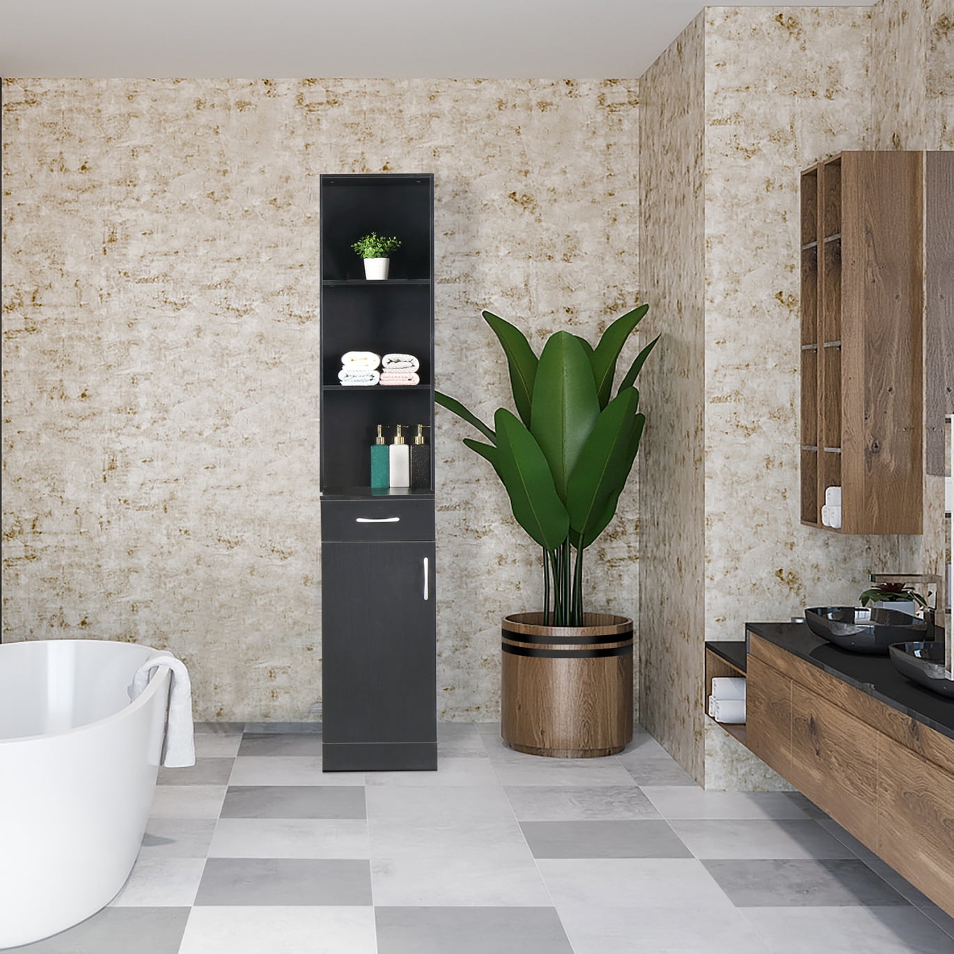 FCH Black Bathroom Storage Cabinet, Slim 3-Shelf, Door & Drawer, 41 ...