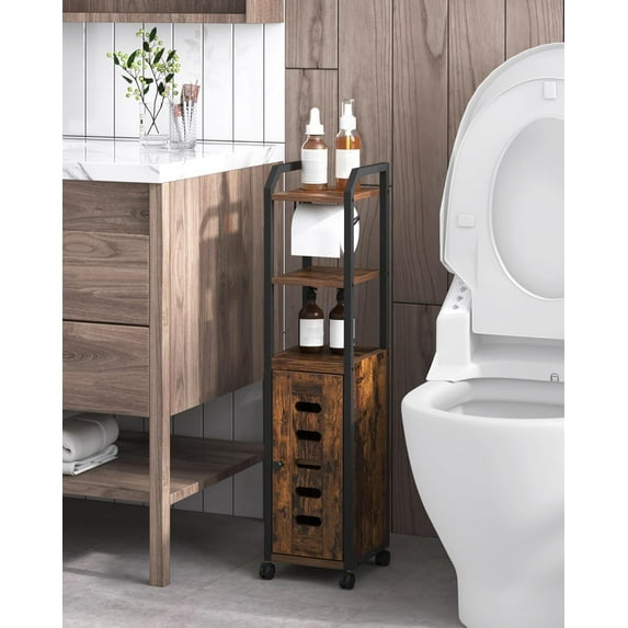 Bathroom Storage Cabinet - Toilet Paper Storage Cabinet, Small Toilet Paper Holder with 4 Wheels, Bathroom Organizer with Adjustable Shelf, for Small Spaces, Rustic Brown