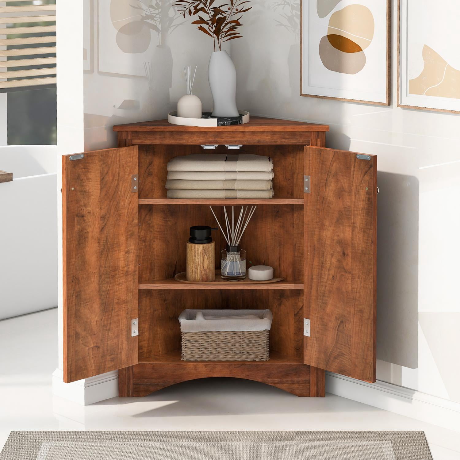 Bathroom Storage Cabinet, Triangle Corner Cabinet With 2 Adjustable Shelves, Freestanding Floor Cabinet Moisture Proof For Bathroom Laundry, Brown