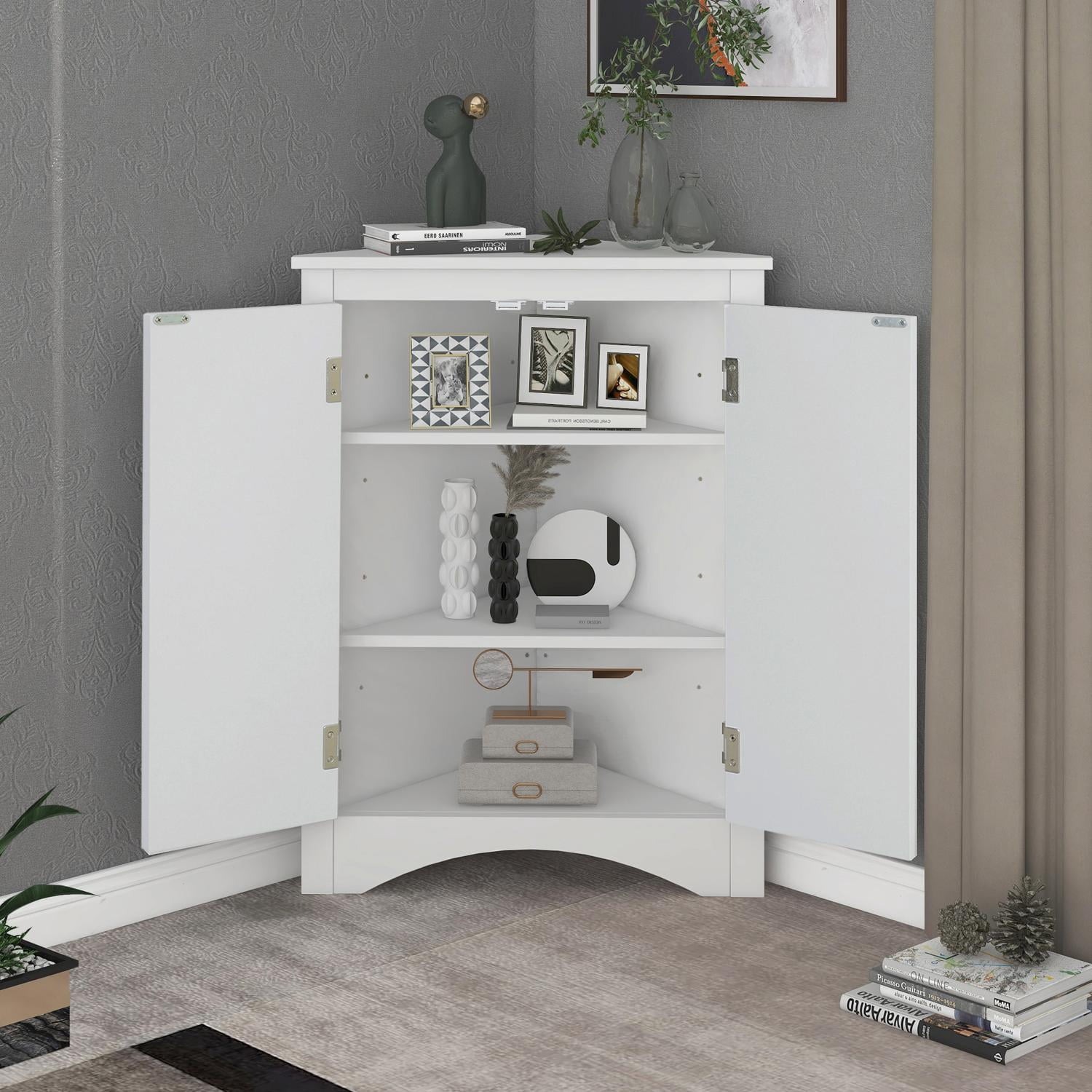 Bathroom Storage Cabinet, Triangle Corner Cabinet With 2 Adjustable Shelves, Freestanding Floor Cabinet Moisture Proof For Bathroom Laundry, White