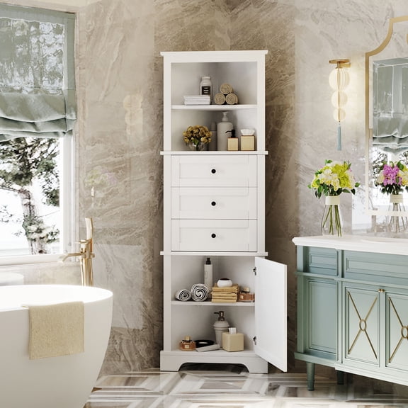 Bathroom Storage Cabinet, Triangle Storage Cabinets with 3 Drawers & Adjustable Shelf, MDF Board with Painted Finish, Modern Tall Corner Cabinet, for Bathroom, Living Room & Small Spaces