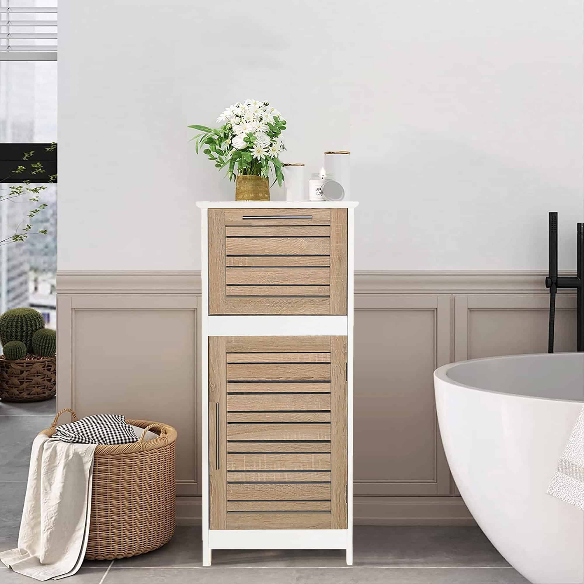 White and Oak Freestanding Bathroom Cabinet with Adjustable Shelving