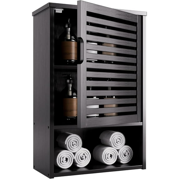 Bathroom Storage Cabinet Wall Mounted, Hanging Medicine Cabinet with Adjustable Shelf, Over The Toilet Space Saver Organizer, Black Bamboo Kitchen Cupboard, Single Door