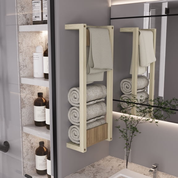 Bathroom Storage Cabinet, Wall Mounted Tower Rack in Natural Oak Engineered Wood, Modern Floating Shelf for Essentials, 31.5" H x 12.2" W x 5.9" D, FSC Certified, White and Oak Finish
