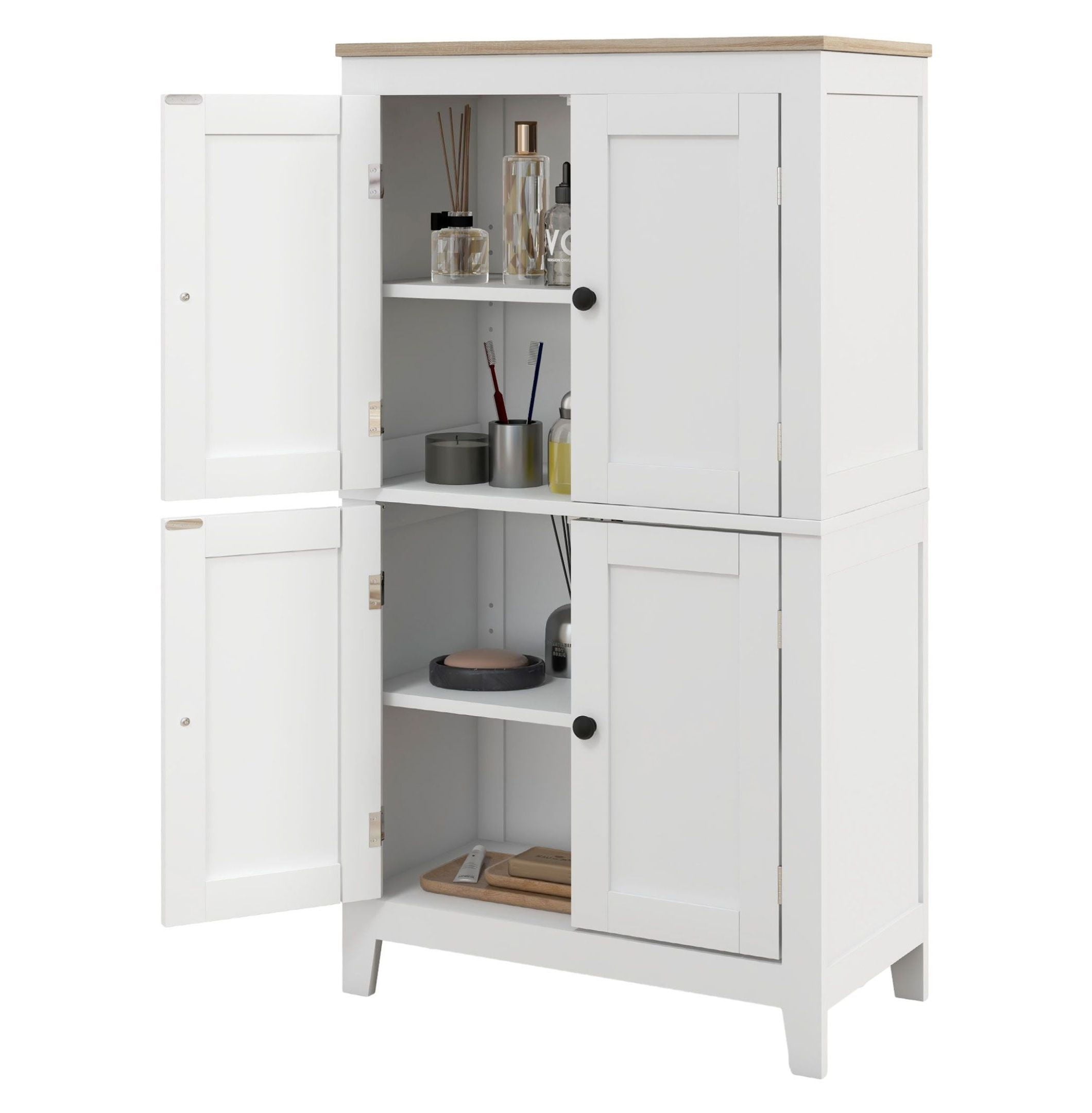 Bathroom Storage Cabinet, White Floor Cabinet with Doors & Adjustable Shelves