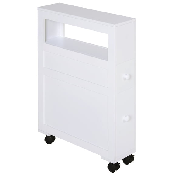 Bathroom Storage Cabinet, White MDF Slim Rolling Organizer with 2 Drawers and Open Top, Mobile Narrow Side Cabinet with 4 Locking Wheels for Small Spaces, 71.5 x 16 x 52 cm