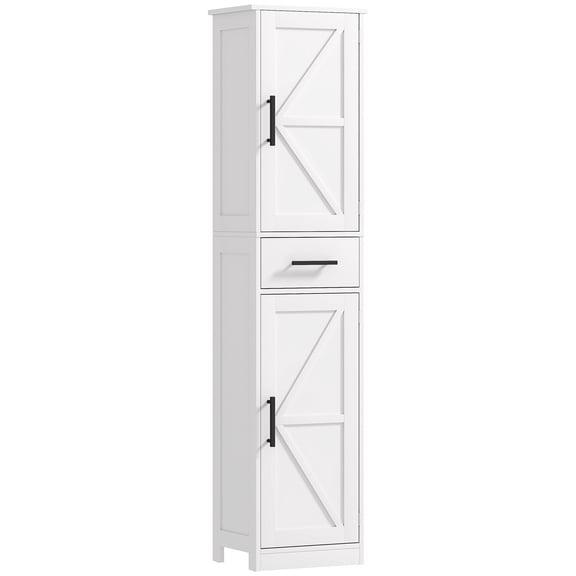 Bathroom Storage Cabinet, White MDF Tall Slim Linen Tower with Barn Doors, T-Shaped Handles, 2 Adjustable Shelves and Center Drawer, Anti-Tip Design, 15.7 x 11.8 x 66.9 inches
