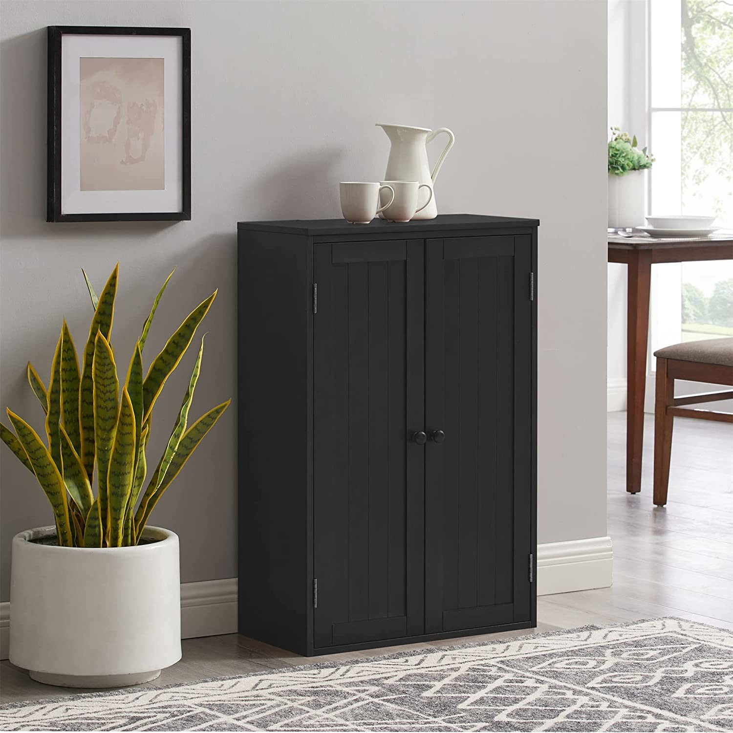 Bathroom Storage Cabinet, Wooden Free Standing Bathroom Floor Cabinet with Double Doors and Adjustable Shelf, Bathroom Storage Organizer for Kitchen Entryway Bedroom Living Room, Black