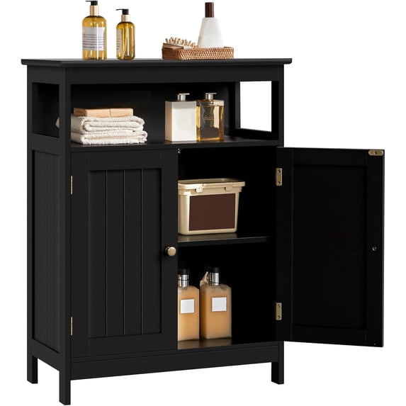 Bathroom Storage Cabinet, Wooden Free Standing Storage Organizer with 2 Doors & 1 Open Compartment, Adjustable Shelf,Floor Cabinet for Bathroom, Living Room, Hallway, Black