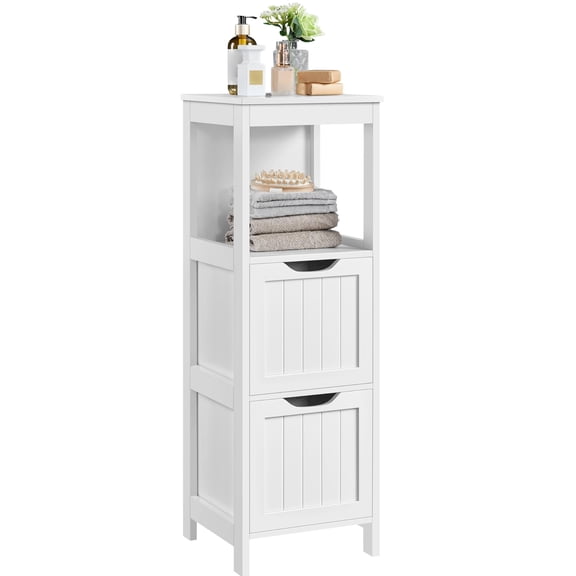 Bathroom Storage Cabinet with 2 Drawers, Slim Wooden Organizer for Toiletries, Towels, Essentials, Freestanding Floor Cabinet for Small Spaces, White