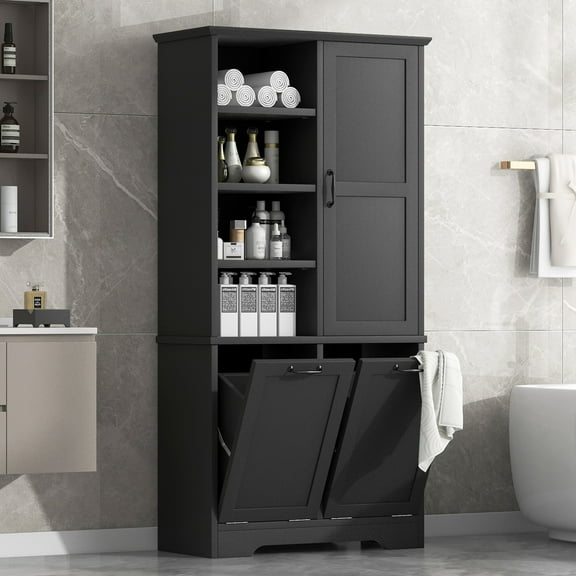 Bathroom Storage Cabinet with 2 Laundry Hamper, Wooden Bathroom Pantry Cabinet with 1 Cabinet and 4-Layer Shelves for Living Room, Black