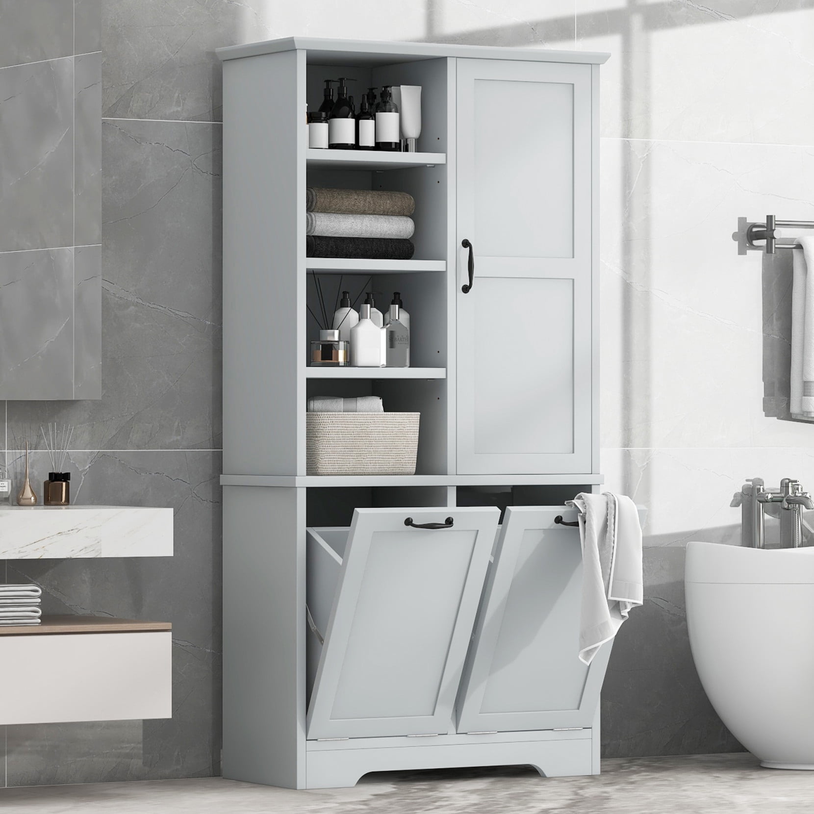 Bathroom Storage Cabinet with 2 Laundry Hamper, Wooden Bathroom Pantry Cabinet with 1 Cabinet and 4-Layer Shelves for Living Room, Gray