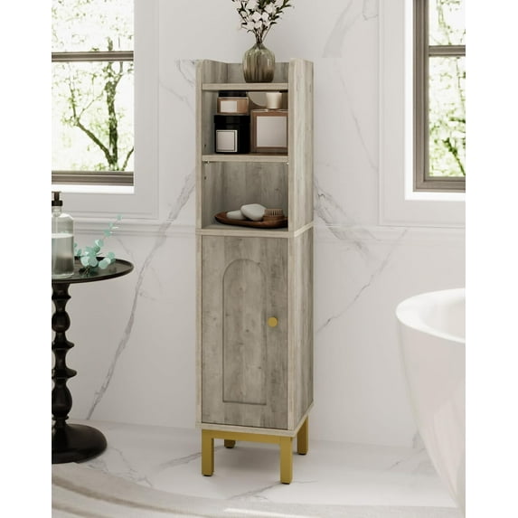 Small Corner Bathroom Cabinet with Door and Adjustable Shelf, Narrow Toilet Paper Holder, Rustic Greige Floor Organizer for Small Spaces