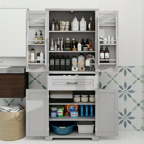 Bathroom Storage Cabinet with Doors and Drawer, Multiple Storage Space, Adjustable Shelf, Grey