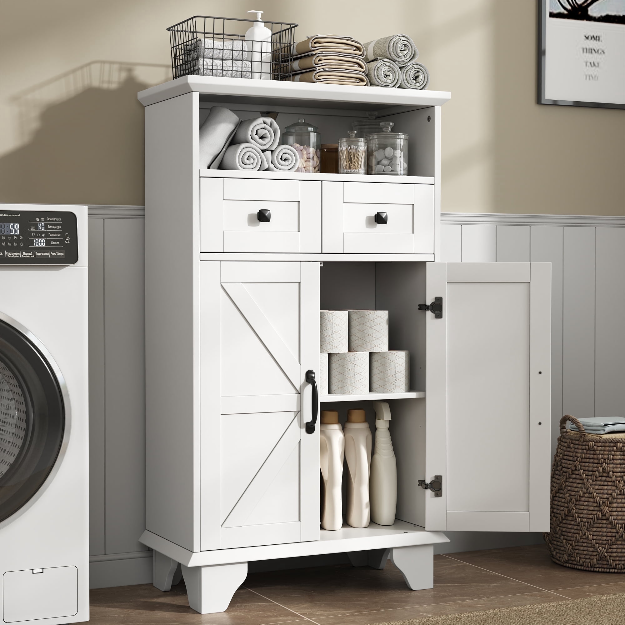 Bathroom Storage Cabinet with Doors and Drawers,Farmhouse White Bathroom Floor Cabinet freestanding with Adjustable Shelf,41.3"H Bathroom Organizer