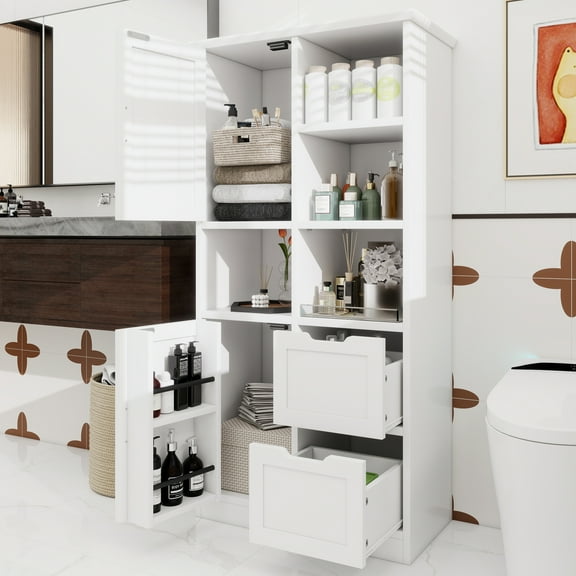 Bathroom Storage Cabinet with Doors and Drawers, Multiple Storage Space, Freestanding Style, Open Shelve, Adjustable Shelf, White