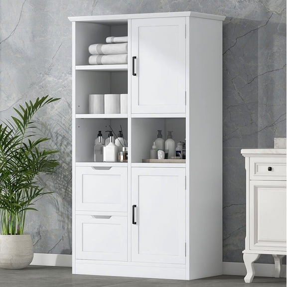 Bathroom Storage Cabinet with Doors and Drawers, Multiple Storage Space, Freestanding Style, Open Shelve, Adjustable Shelf, White