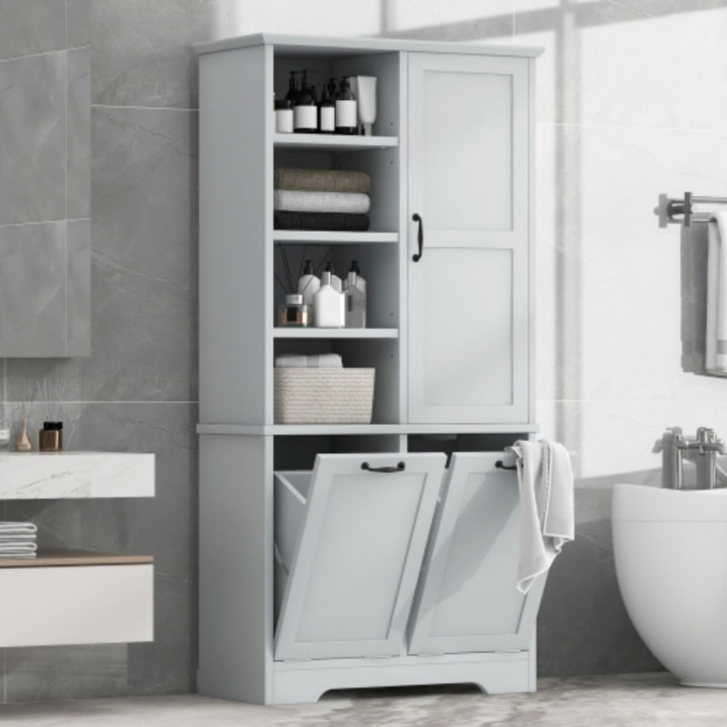 Bathroom Storage Cabinet with Doors and Drawers, Tall Laundry Hamper Cabinet with 2 Tilt-Out Baskets, Adjustable Shelves, Open Storage, Gray