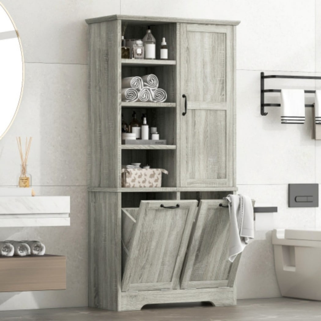 Bathroom Storage Cabinet with Doors and Drawers, Tall Laundry Hamper Cabinet with 2 Tilt-Out Baskets, Adjustable Shelves, Open Storage, Oak