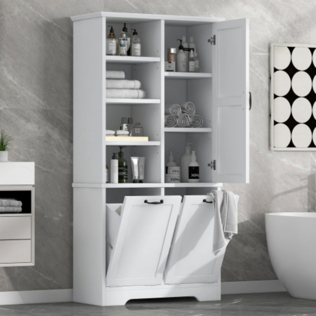 Bathroom Storage Cabinet with Doors and Drawers, Tall Laundry Hamper Cabinet with 2 Tilt-Out Baskets, Adjustable Shelves, Open Storage, White