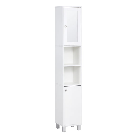 Bathroom Storage Cabinet with Mirror, Tall Freestanding Organizer, Adjustable Shelves, Wooden Tower Cabinet for Bathroom, Living Room - White