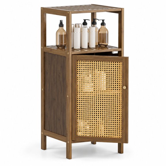 Bathroom Storage Cabinet with Rattan Door and Open Shelves, 14.4"W x 13"D x 33.66"H, Walnut Bamboo and Engineered Wood, Slim Floor Cupboard