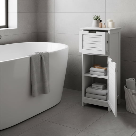 Bathroom Storage Cabinet with Vented Door and Drawer, Compact Freestanding Linen Cabinet for Small Spaces, White Finish - Miami Collection