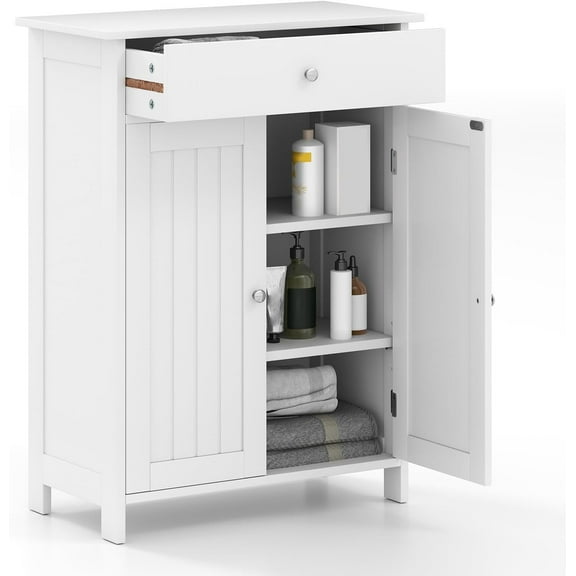 Bathroom Storage Cabinets, Freestanding Cabinet Organizers with Doors, Drawer and Adjustable Shelf, Modern Wooden Towel Floor Cabinet for Home, Entryway, Living Room, Kitchen (White)