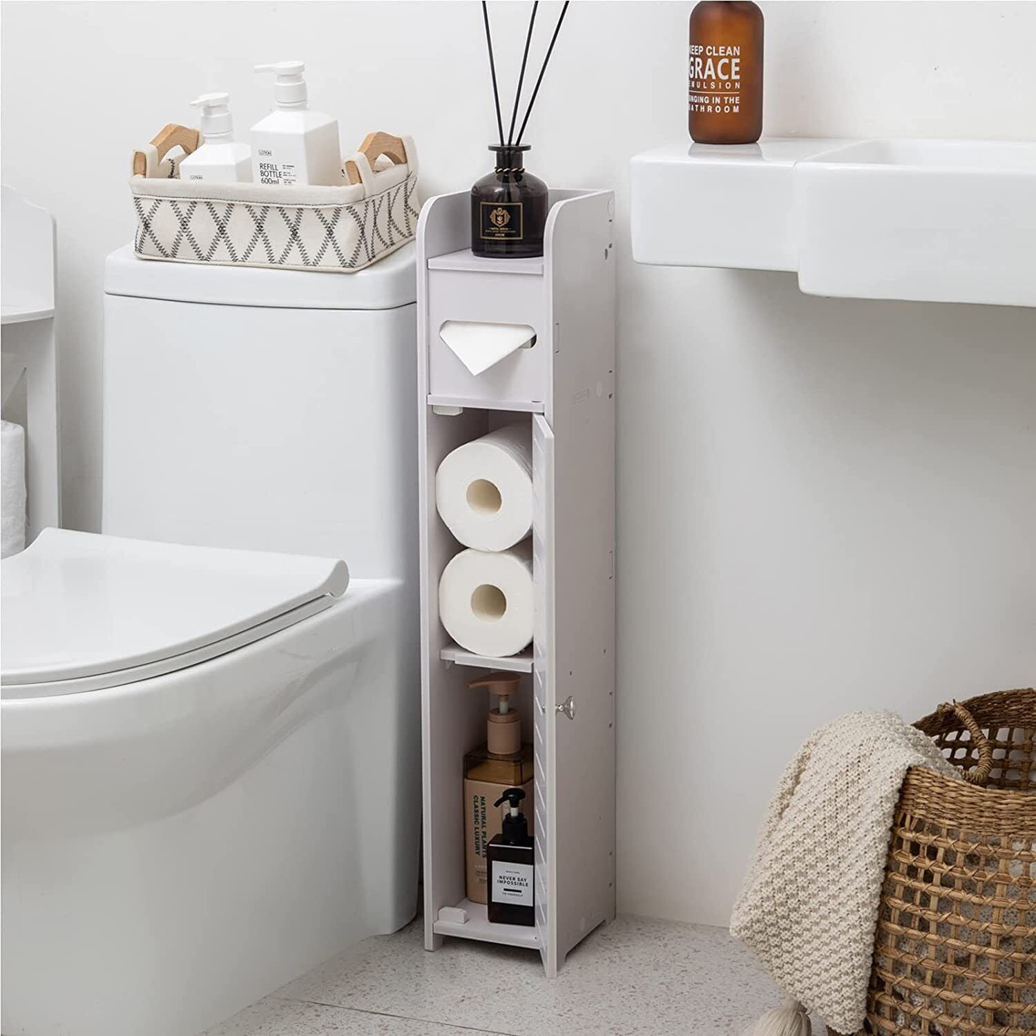 4 Layers Bathroom Cabinet with Tissue Drawer, Towel Toilet Paper Holder  Bathroom Shelf with Door Storage Organizer Corner Shelf Nightstand for  Living