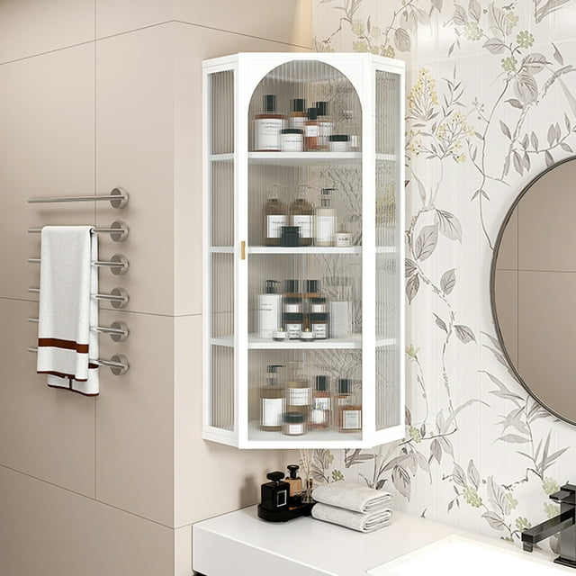Bathroom Storage Corner Vanity Cabinet, Ribbed Glass Door 4 Internal ...