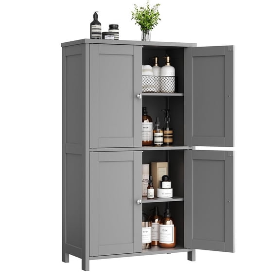 Bathroom Storage Floor Cabinet Organizer with Adjustable Shelf 4 Magnetic Doors 43" Wooden Pantry Cabinet Freestanding for Kitchen Living Room Small Spaces,Gray