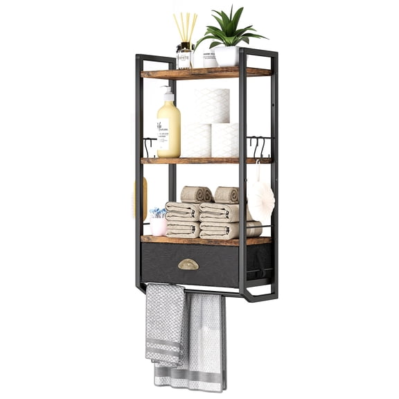 Bathroom Storage Organizer Wall Mounted, 3 Tier Bathroom Towel Rack Shelf with Storage Drawer Double Towel Bars and Hooks, Industrial Bathroom Shelves Over Toilet, Rustic Black and Brown