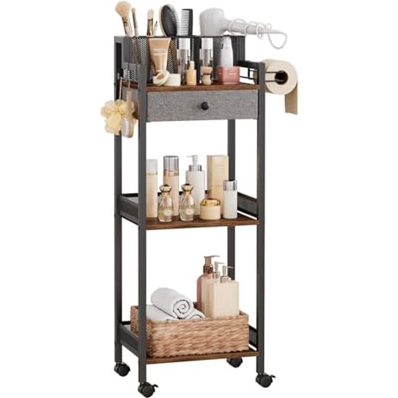 Bathroom Storage Organizers with Drawer, 3 Tier Metal Rolling Standing Unit with Toilet Paper Holder, Multifunctional Floor Corner Rack for Cosmetic, Dryer Curling Irons 12.8in Wide Black