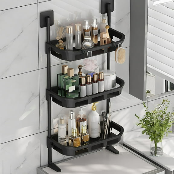 Bathroom Storage Rack, Multifunctional Sink Shelf with 3 Tiers and Hooks, Plastic Wall Mounted Organizer for Toiletries and Cosmetics, Space Saving Design for Small Bathrooms and Kitchen