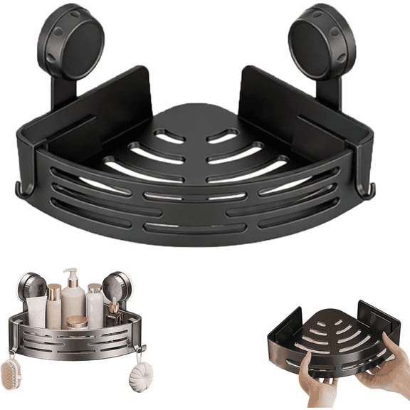 Bathroom Storage Rack No-Drill Adhesive Triangle Shower Caddy for Corner Organizer Bath Tub Shelf Waterproof Suction Cup Design Space Saving Easy Installation,Black