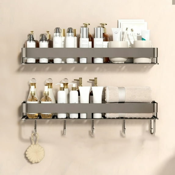 Bathroom Storage Rack Punch-Free Towel Shelf | Aluminum Organizer with Hooks | Gray 12x5in | Rustproof, Ventilated, Wall Mount | Cosmetics & Toiletry Space Saver, Easy Clean, Modern Design