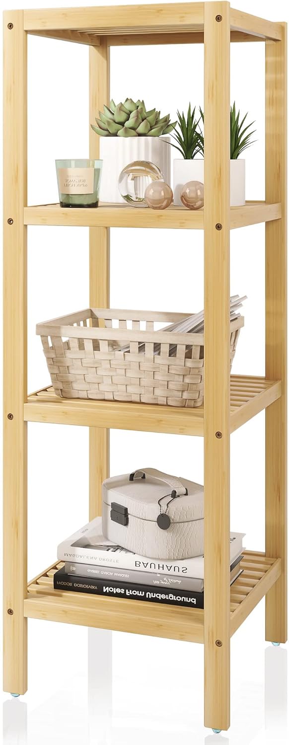 Bathroom Storage Shelf, 4-Tier Bamboo Rack Organizer, Multifunctional ...
