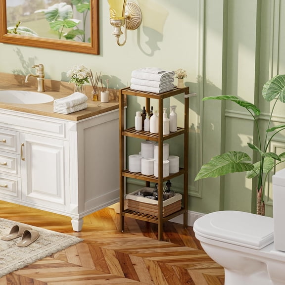 Bathroom Storage Shelf, 4-Tier Bamboo Rack Organizer, Multifunctional Shelving Unit for Living Room Bedroom Kitchen (Walnut)