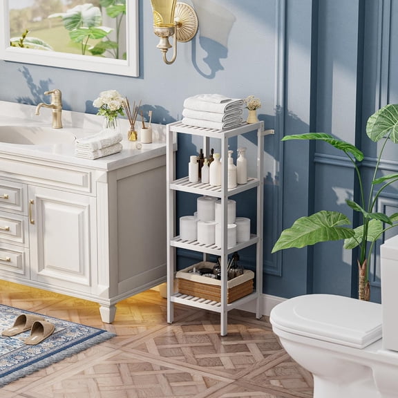 Bathroom Storage Shelf, 4-Tier Bamboo Rack Organizer, Multifunctional Shelving Unit for Living Room Bedroom Kitchen (White)