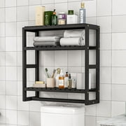 Bathroom Storage Shelves Organizer Adjustable 3 Tiers, Over The Toilet Storage Floating Shelves for Wall Mounted with Hanging Rod (Black Big)