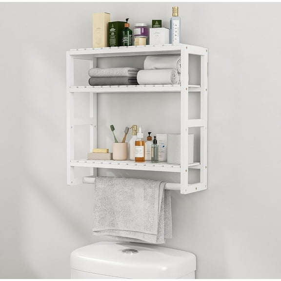 Bathroom Storage Shelves Organizer Adjustable 3 Tiers, Over the Toilet Storage Floating Shelves for Wall Mounted with Hanging Rod (White)