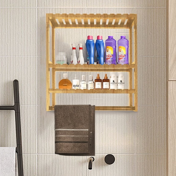 Bathroom Storage Shelves Organizer Adjustable 3 Tiers, Over The Toilet Storage Floating Shelves for Wall Mounted with Hanging Rod, 16.6"Lx5.9"Wx 16.9"H (Wood Color)
