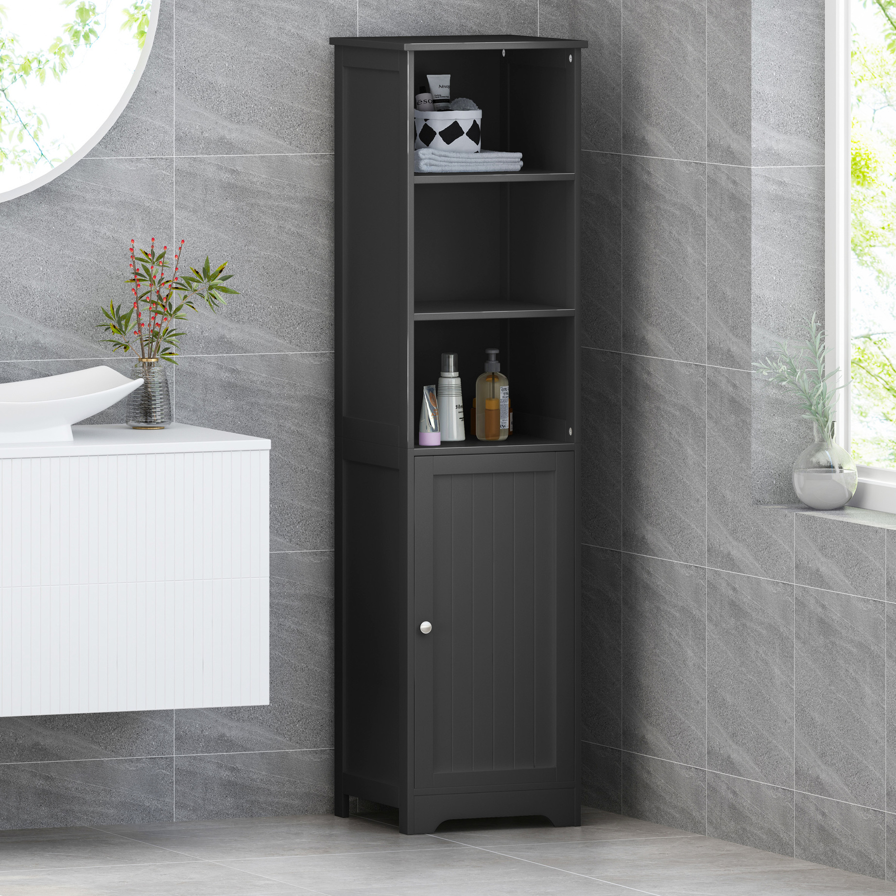 Bathroom Storage Unit / Faux Wood Look, Compact Dimensions, Assembly ...