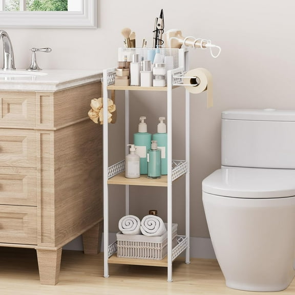 Bathroom Storage shelvesHair Dryer Holder 9.85in White, 3-Tier Narrow Metal Standing Rack with Toilet Paper Holder Cabinet, Multifunctional Corner Unit Stand for Cosmetic Curling Irons Tower